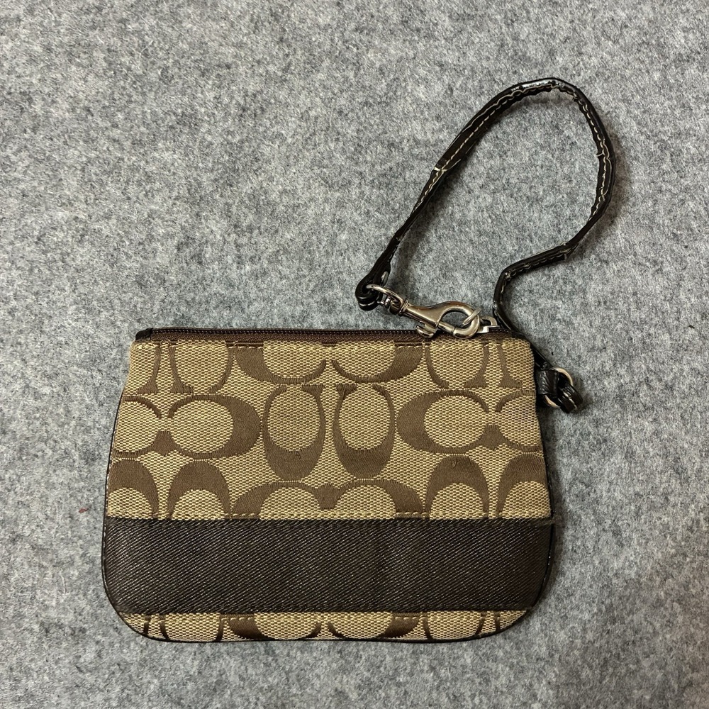 Coach Corner Zip Wristlet In Signature Canvas Khaki Saddle Brown Color Y2K AS IS